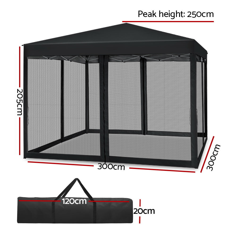 Instahut Gazebo Pop Up Marquee 3x3m Wedding Party Outdoor Camping Tent Canopy Shade Mesh Wall Black