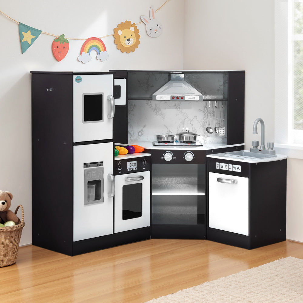 Keezi Kids Kitchen Play Set Wooden Pretend Cooking Playset w/Sounds Lights Black