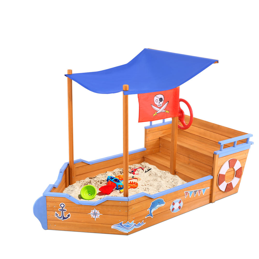 Wooden Boat Sandpit with Beach Canopy