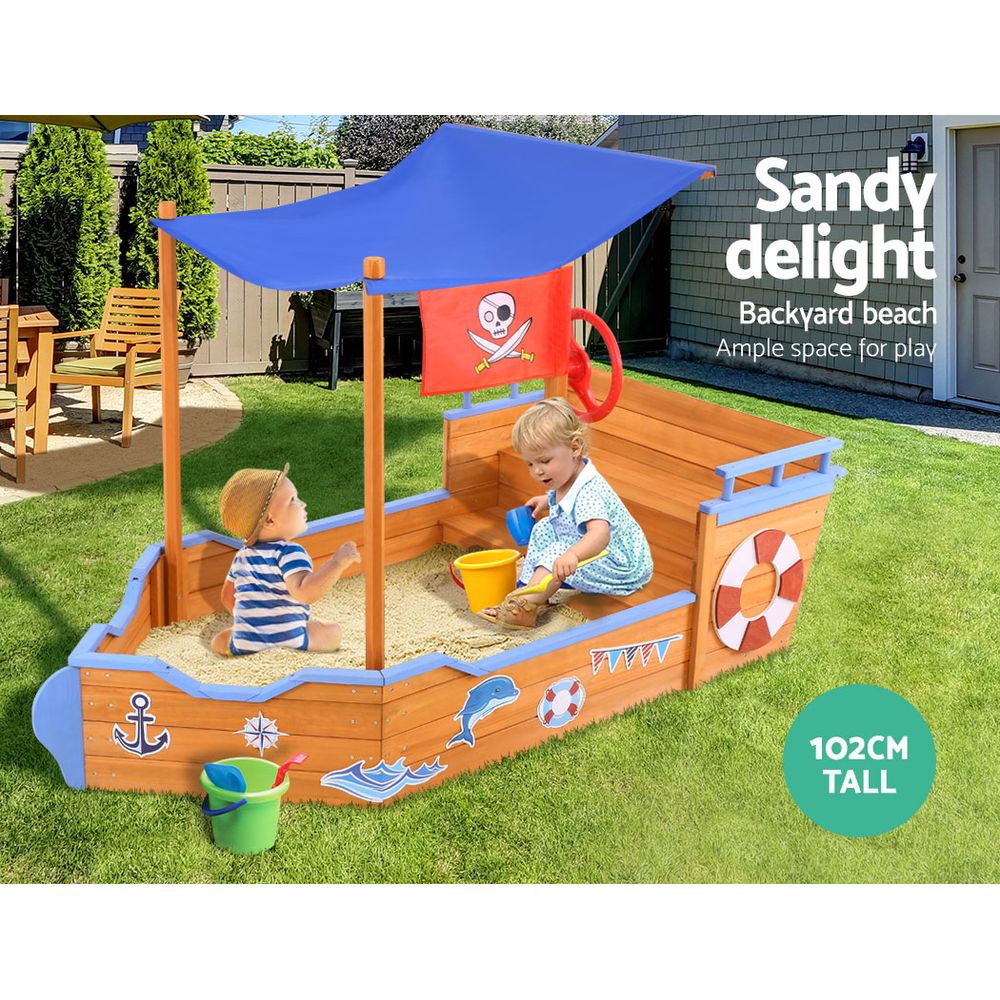 Wooden Boat Sandpit with Beach Canopy