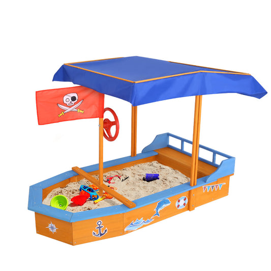 Wooden Boat Sandpit with Canopy Bench Seat