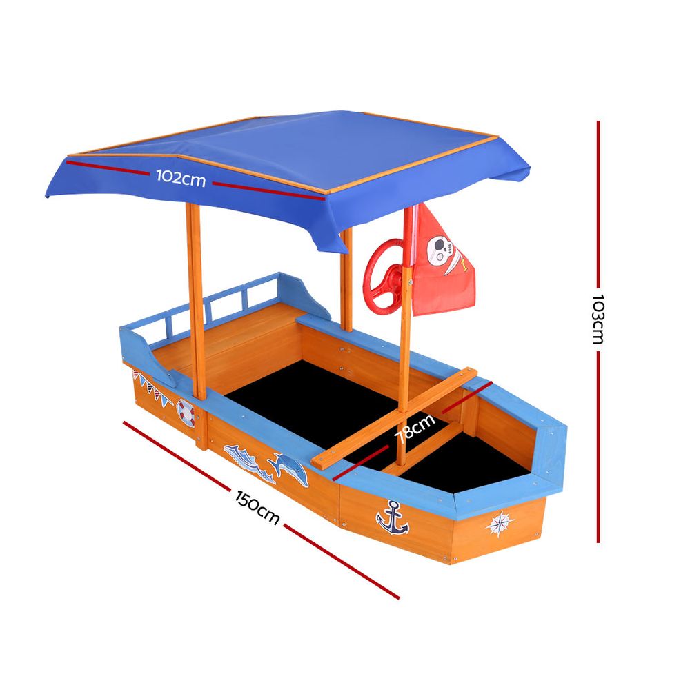 Wooden Boat Sandpit with Canopy Bench Seat