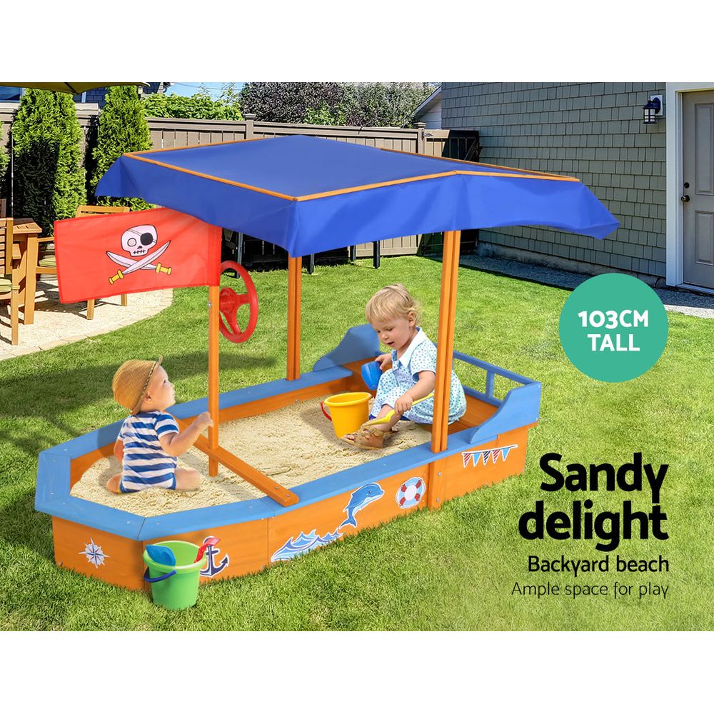 Wooden Boat Sandpit with Canopy Bench Seat