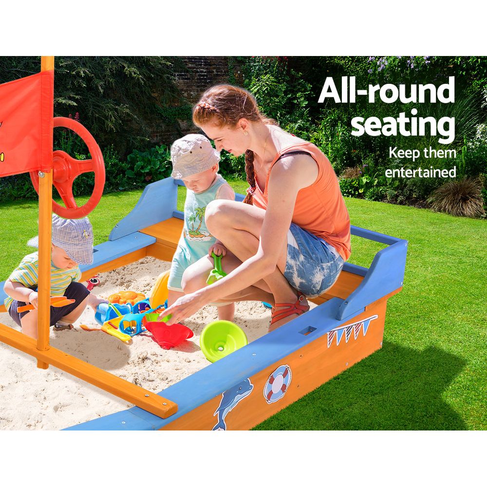 Wooden Boat Sandpit with Canopy Bench Seat