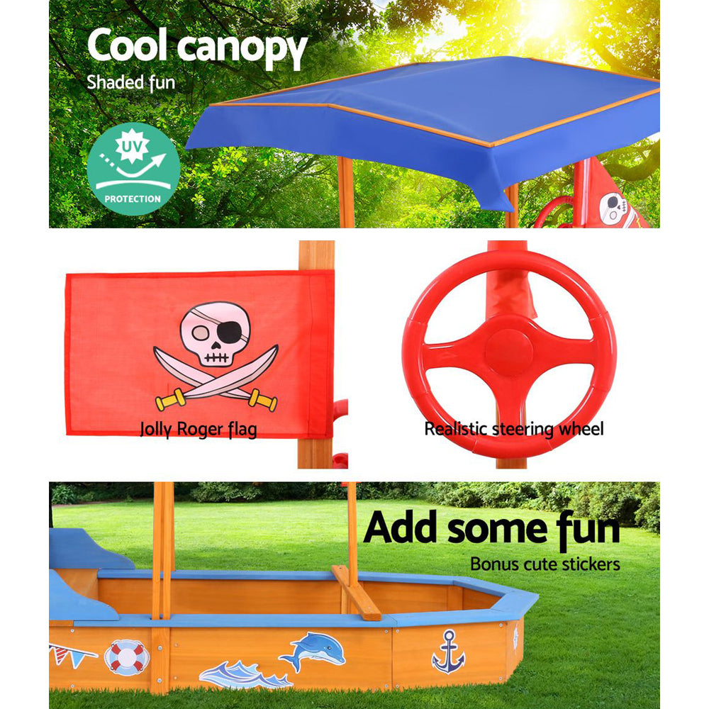 Wooden Boat Sandpit with Canopy Bench Seat