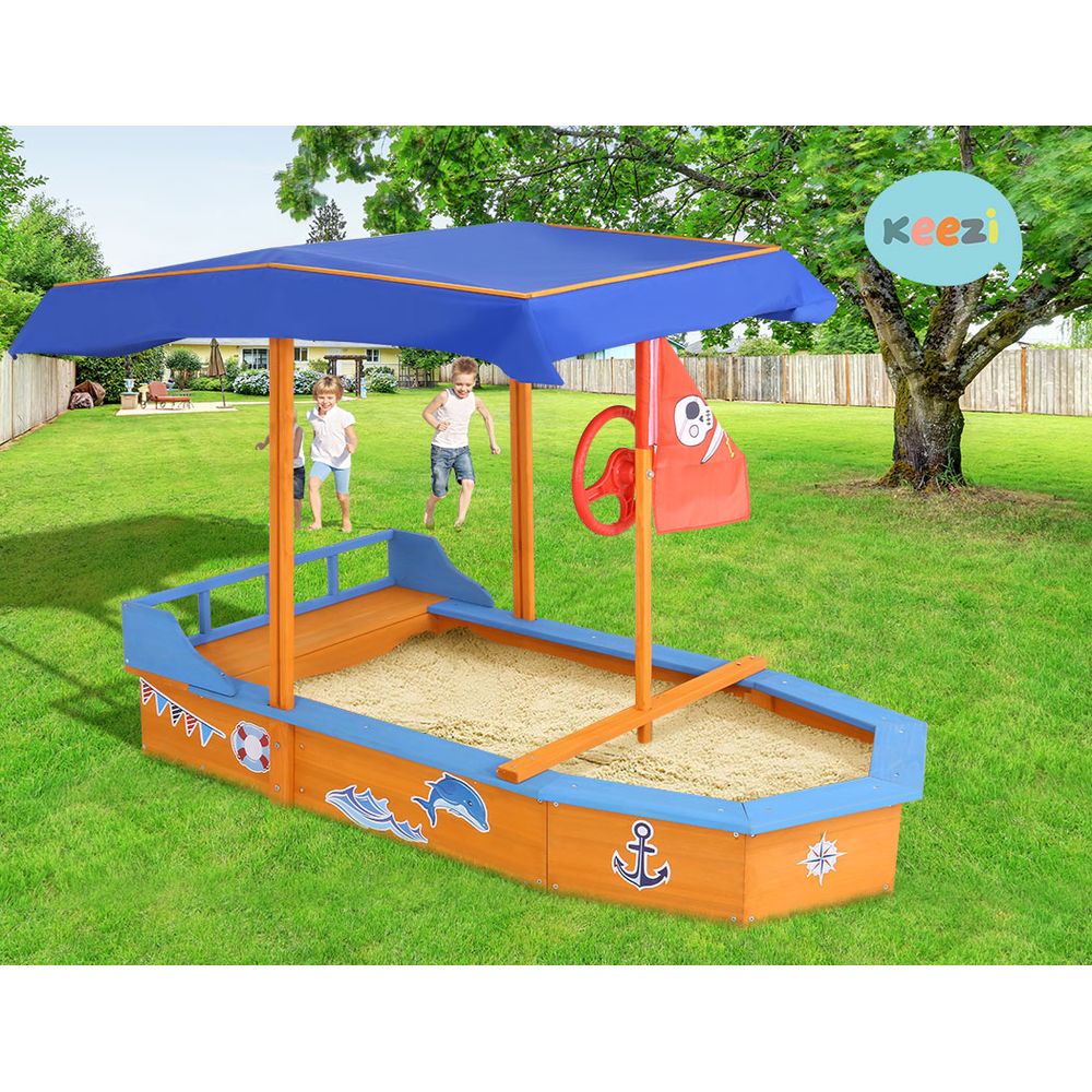 Wooden Boat Sandpit with Canopy Bench Seat