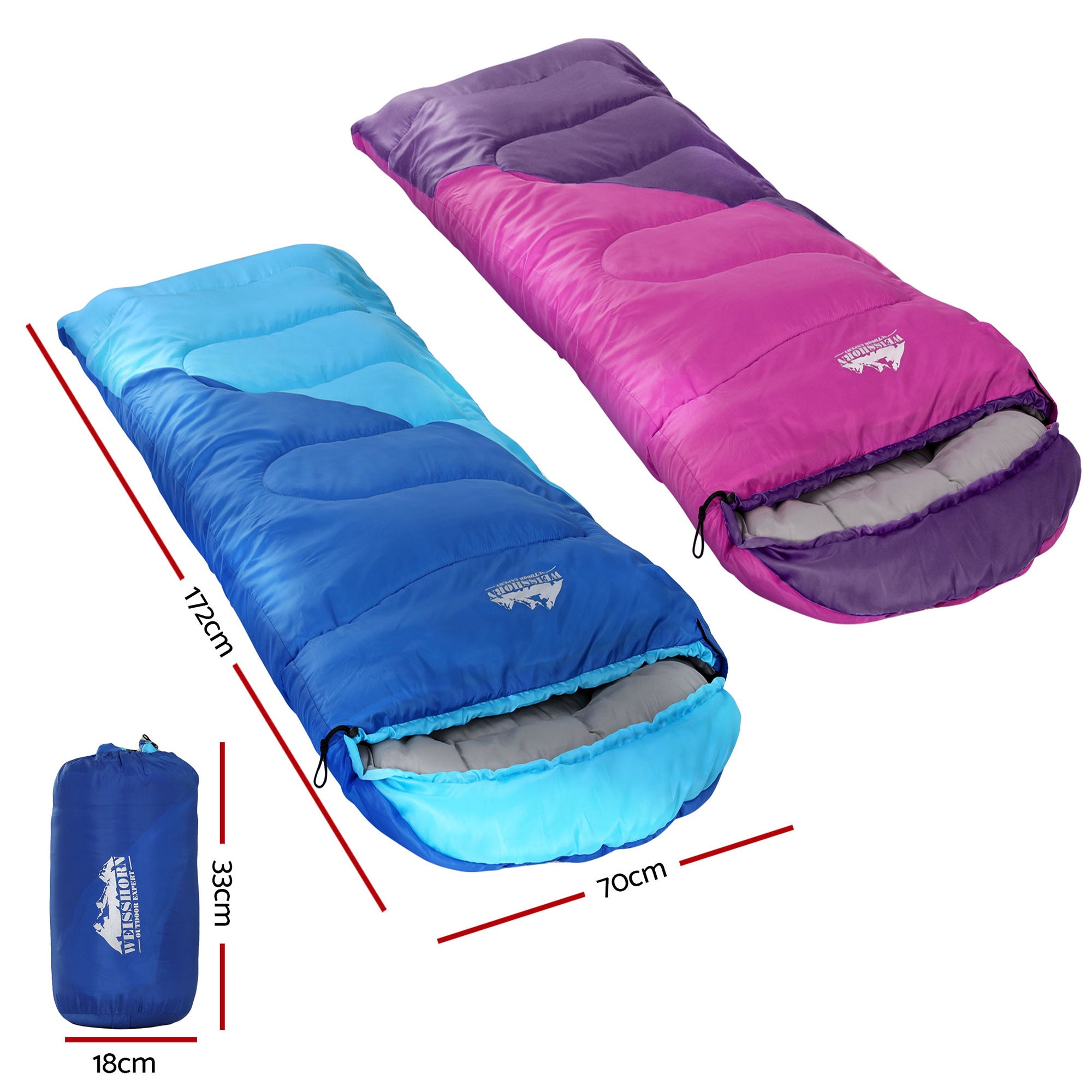 Weisshorn Sleeping Bag Set of 2 Kids Single 172cm Thermal Camping Hiking