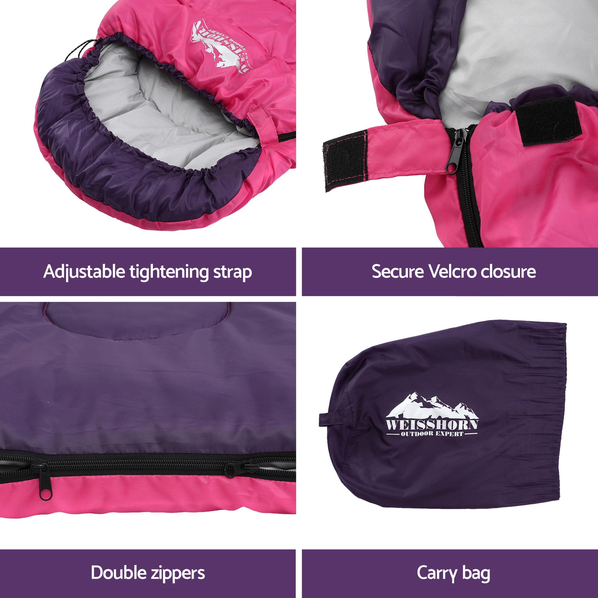 Weisshorn Sleeping Bag Single 213cm Thermal Camping Hiking Pink