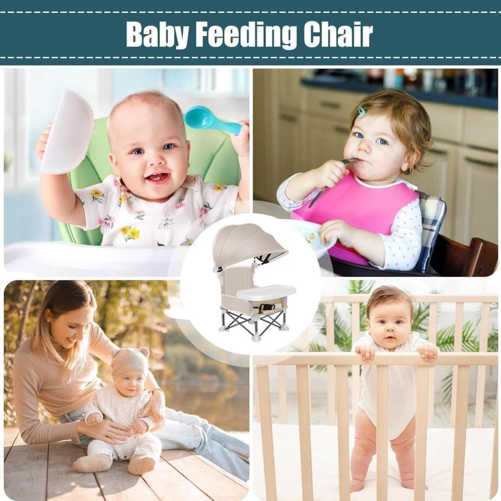 Foldable Highchair for Children with Sunshade and Removable Food Tray, Portable, Beige