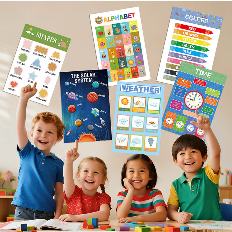 12-Pack Laminated Learning Charts - ABCs, Numbers, Shapes, Solar System, Weather & More