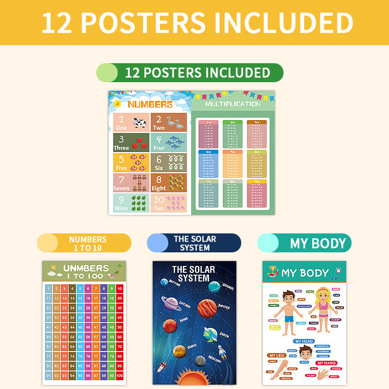 12-Pack Laminated Learning Charts - ABCs, Numbers, Shapes, Solar System, Weather & More