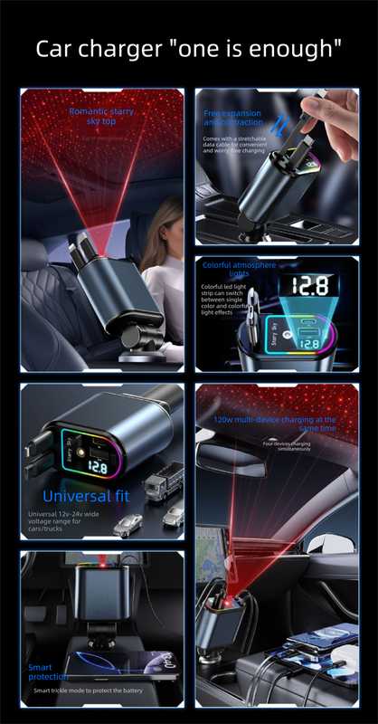 120W 4-in-1 Retractable Car Charger Adapter Fast Charging Dual Cables Type-C & Lightning LED Voltage Display Starry Projector for iPhone Samsung