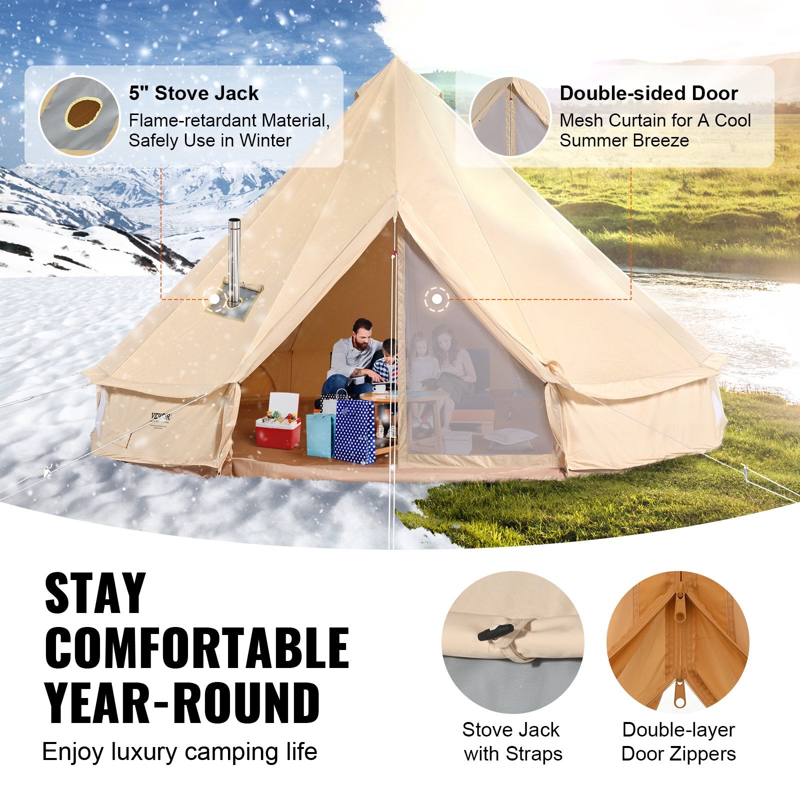 VEVOR Canvas Bell Tent 5m/16.4ft 4-Season Camping Yurt Tent with Stove Jack