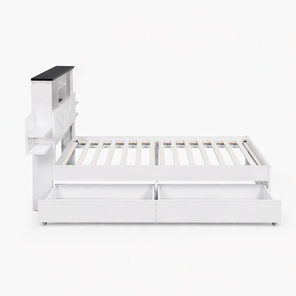 Artiss King Single Bed Frame with Storage Drawers White Platform Bedframe with Bookcase Headboard Charging Station Led Light